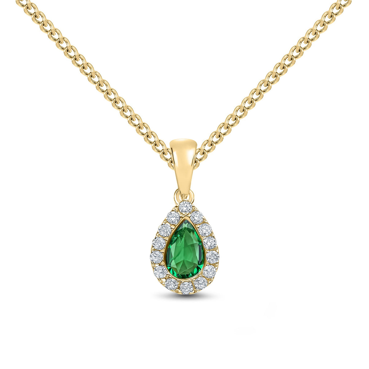 18ct Yellow Gold Pear Shaped Natural Emerald & Diamond Microset Cluster Pendant — 6x4mm