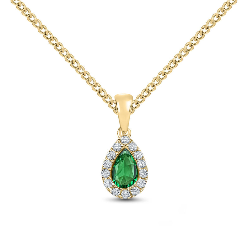 18ct Yellow Gold Pear Shaped Natural Emerald & Diamond Microset Cluster Pendant — 6x4mm