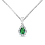 18ct White Gold Pear Shaped Natural Emerald & Diamond Microset Cluster Pendant — 6x4mm