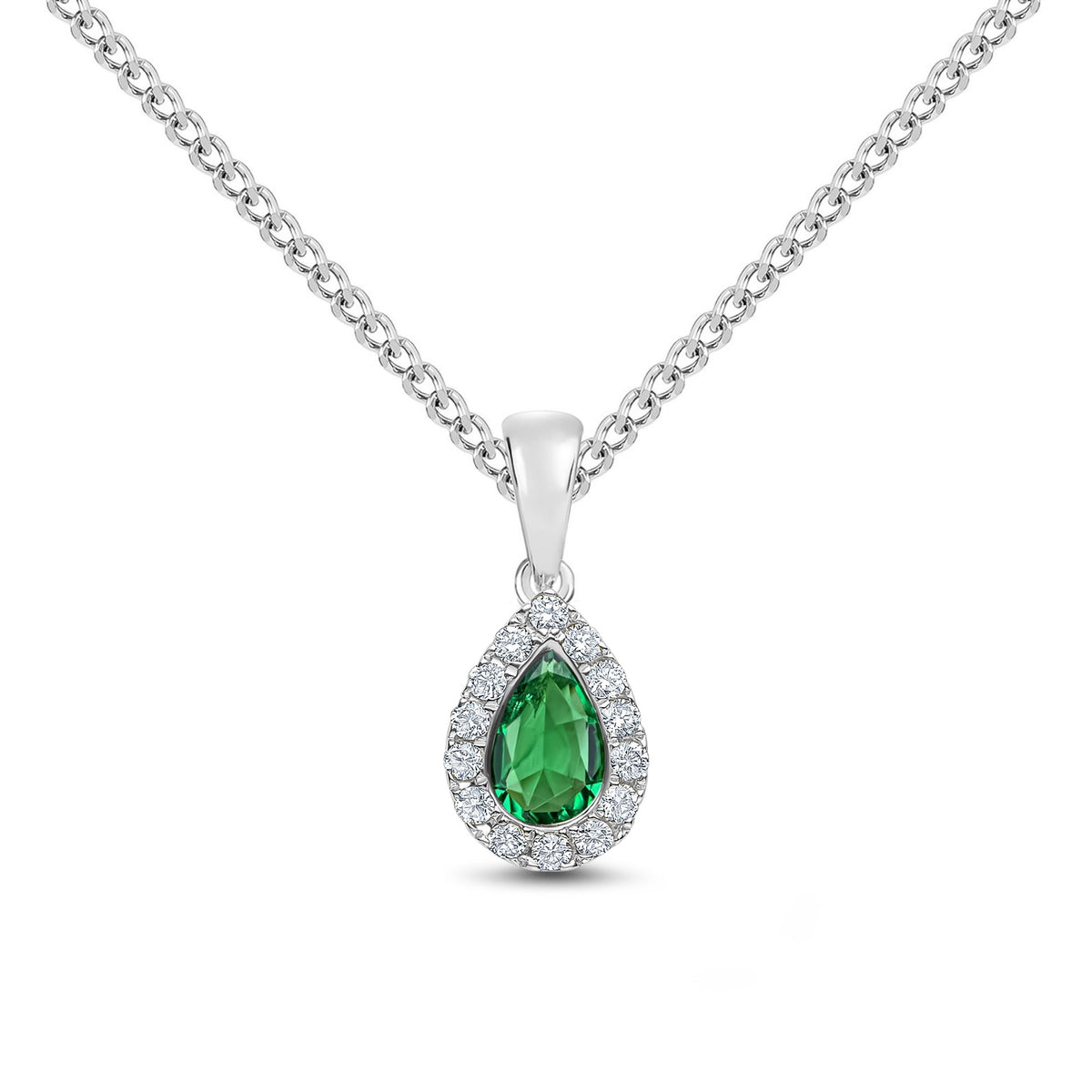 18ct White Gold Pear Shaped Natural Emerald & Diamond Microset Cluster Pendant — 6x4mm