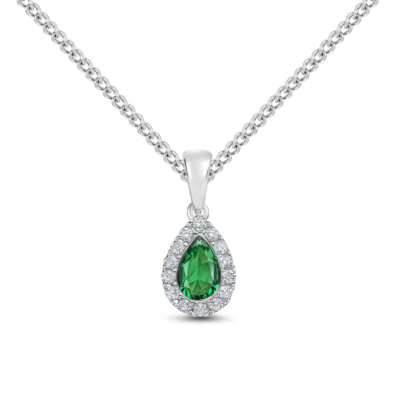 18ct White Gold Pear Shaped Natural Emerald & Diamond Microset Cluster Pendant — 6x4mm
