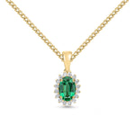 18ct Yellow Gold Oval Natural Emerald & Diamond Claw Set Cluster Pendant — 6x4mm