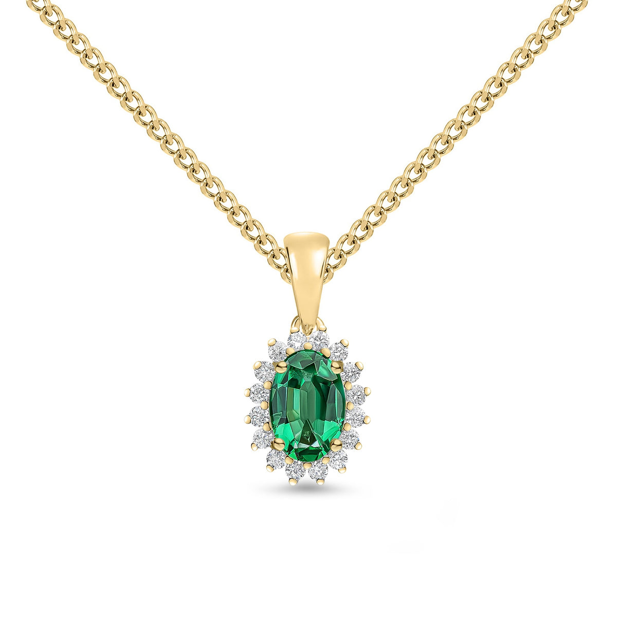 18ct Yellow Gold Oval Natural Emerald & Diamond Claw Set Cluster Pendant — 6x4mm