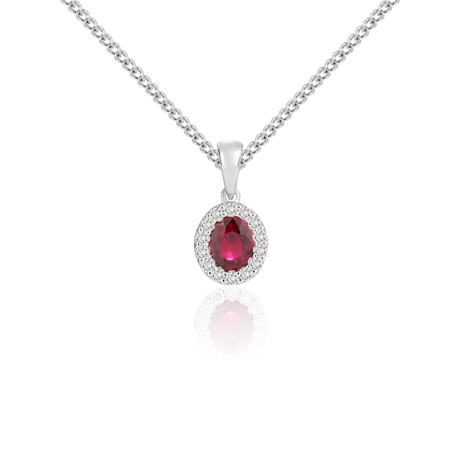 18ct White Gold Oval Natural Ruby and Diamond Cluster Pendant — 5x4mm