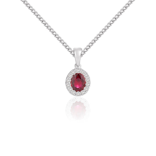 18ct White Gold Oval Natural Ruby and Diamond Cluster Pendant — 5x4mm