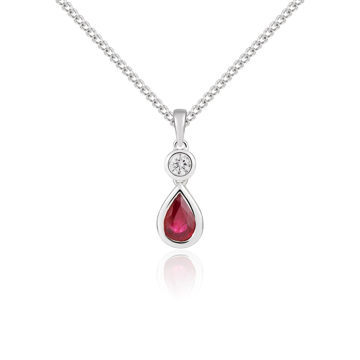 18ct White Gold Pear Shaped Natural Ruby and Round Diamond Two Stone Pendant — 6x4mm
