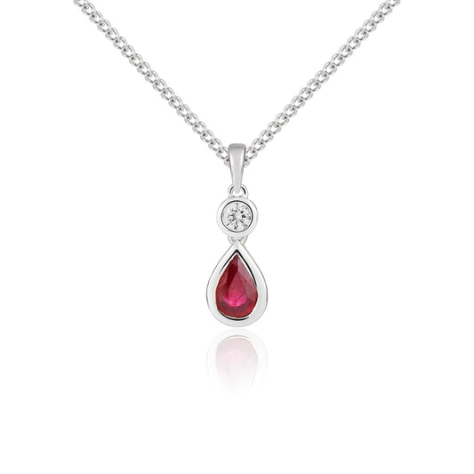 18ct White Gold Pearshape Natural Ruby and Round Diamond Two Stone Pendant — 6x4mm