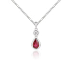 18ct White Gold Pear Shaped Natural Ruby & Diamond Two Stone Rubover Pendant — 6x4mm