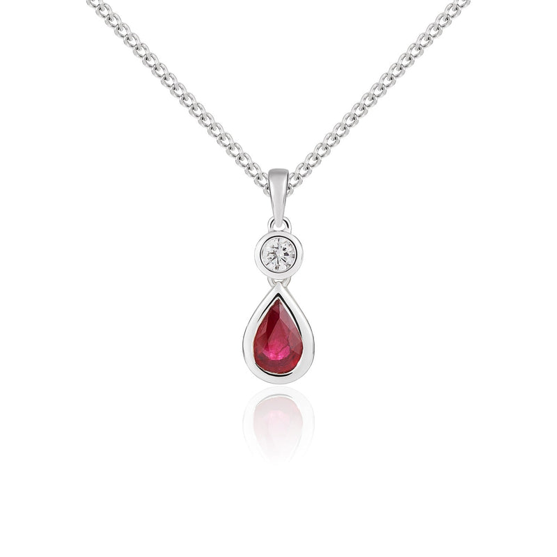 18ct White Gold Pear Shaped Natural Ruby & Diamond Two Stone Rubover Pendant — 6x4mm