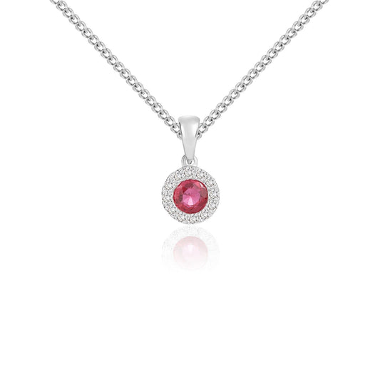 18ct White Gold Round Natural Ruby and Diamond Cluster Pendant