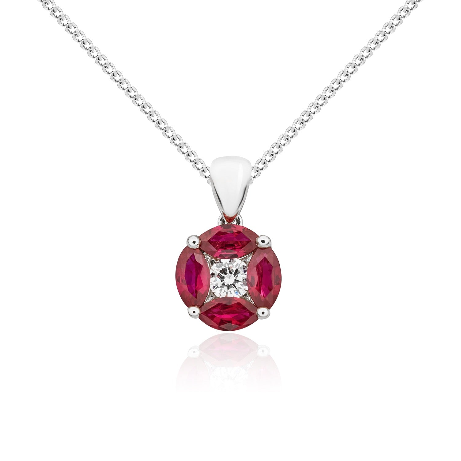 18ct White Gold Marquise Natural Ruby and Diamond Cluster Pendant — 8mm