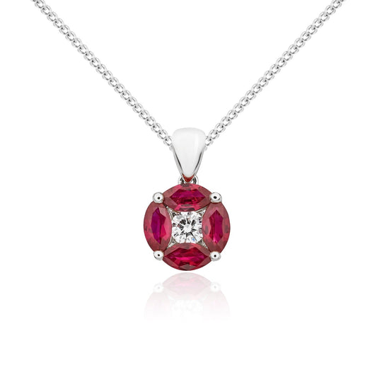 18ct White Gold Marquise Natural Ruby and Diamond Cluster Pendant — 8mm