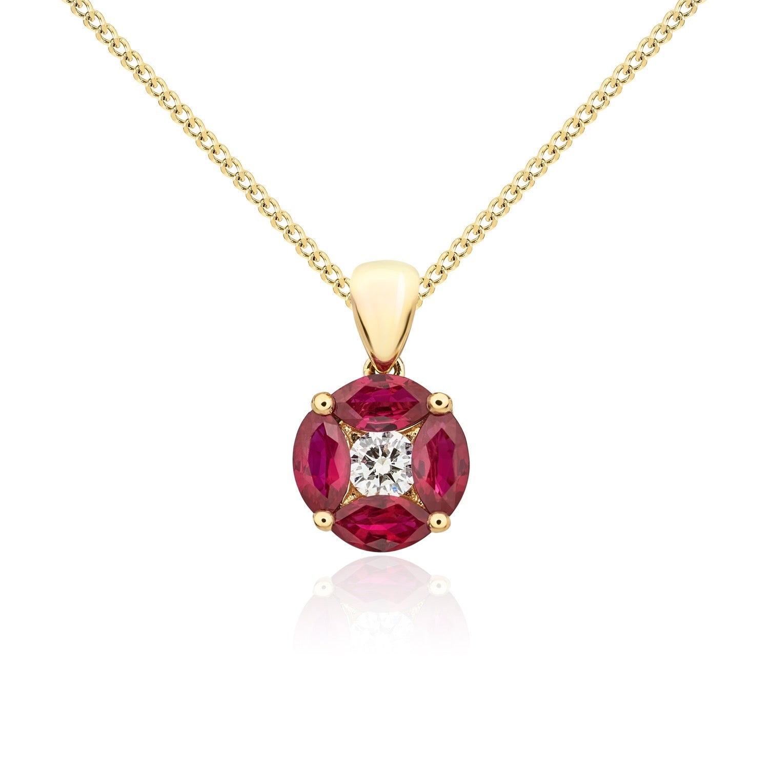 18ct Yellow Gold Marquise Natural Ruby and Diamond Cluster Pendant — 8mm