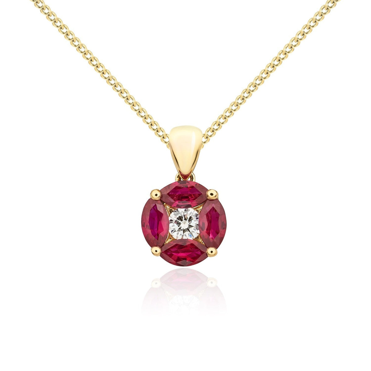 18ct Yellow Gold Marquise Natural Ruby & Diamond Cluster Pendant — 8mm