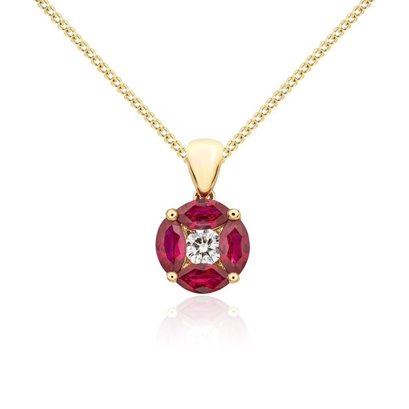 18ct Yellow Gold Marquise Natural Ruby & Diamond Cluster Pendant — 8mm