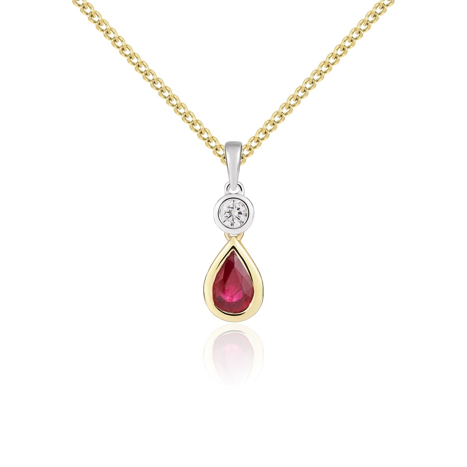 18ct Yellow and White Gold Pear Shaped Natural Ruby and Round Diamond Two Stone Pendant — 6x4mm