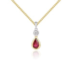 18ct Yellow Gold Pear Shaped Natural Ruby & Diamond Two Stone Rubover Pendant — 6x4mm