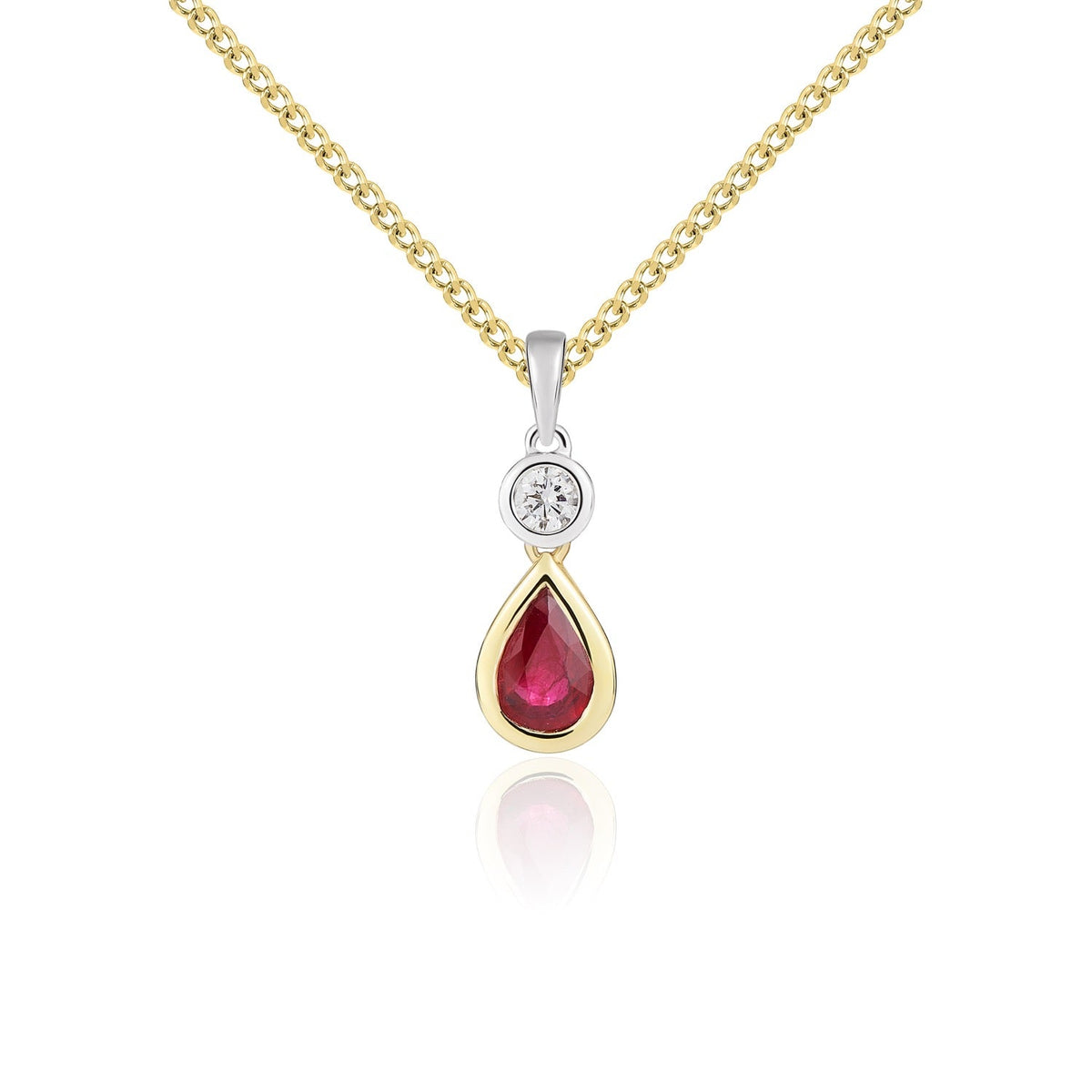 18ct Yellow Gold Pear Shaped Natural Ruby & Diamond Two Stone Rubover Pendant — 6x4mm