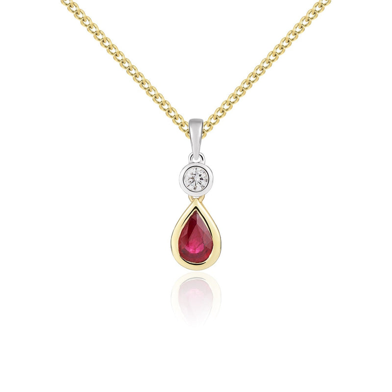 18ct Yellow Gold Pear Shaped Natural Ruby & Diamond Two Stone Rubover Pendant — 6x4mm