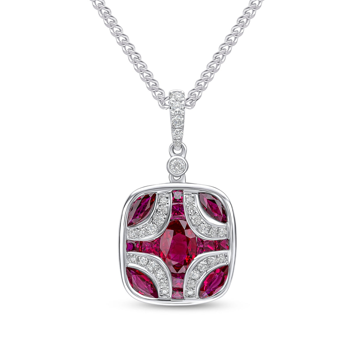 18ct White Gold Natural Ruby & Diamond Shield Pendant with Diamond Set Loop