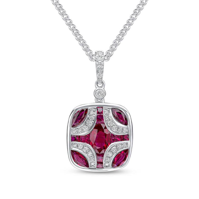18ct White Gold Natural Ruby & Diamond Shield Pendant with Diamond Set Loop