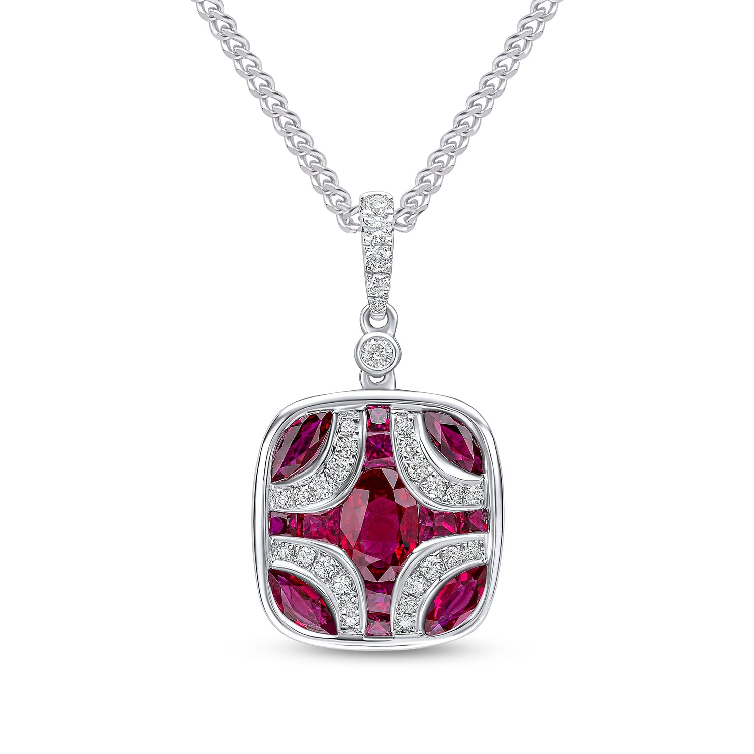 18ct White Gold Natural Ruby and Diamond Shield Pendant with Diamond Set Loop — 14x13mm