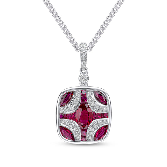 18ct White Gold Natural Ruby and Diamond Shield Pendant with Diamond Set Loop — 14x13mm