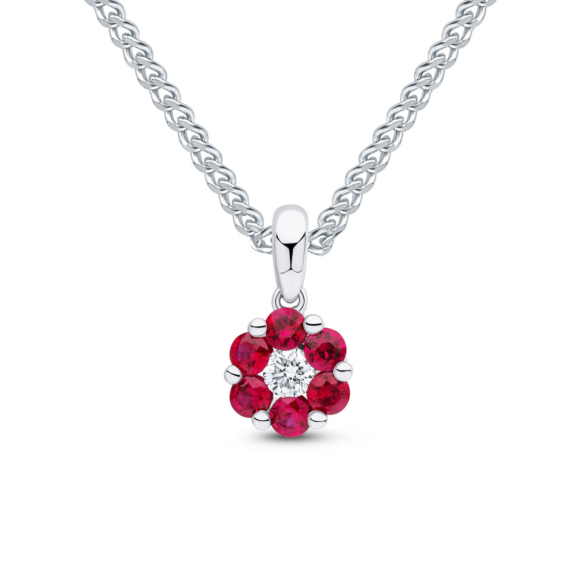 18ct White Gold Natural Ruby & Diamond Reverse Cluster Pendant
