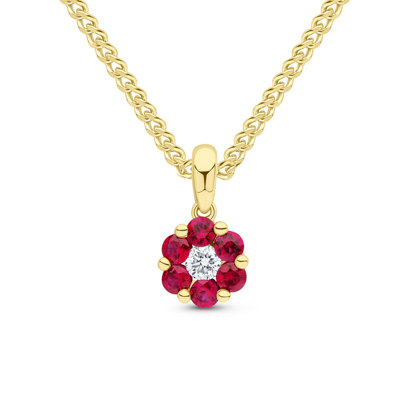 18ct Yellow Gold Natural Ruby & Diamond Reverse Cluster Pendant