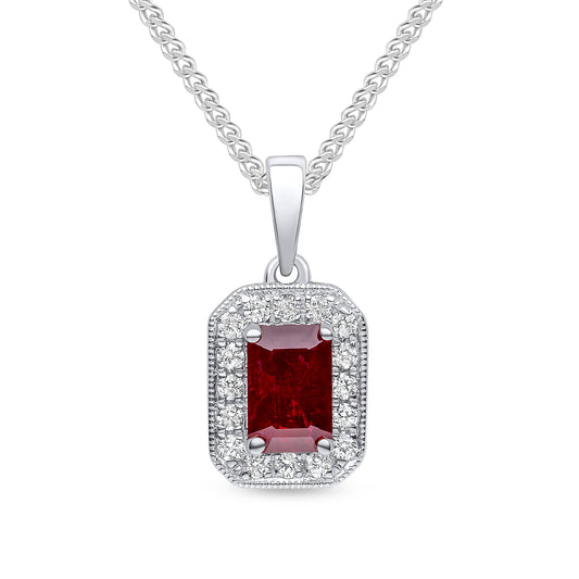 18ct White Gold Octagonal Emerald Cut Natural Ruby and Diamond Cluster Pendant —6x4mm