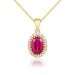 18ct Yellow Gold Oval Natural Ruby & Diamond Claw Set Cluster Pendant — 7x5mm