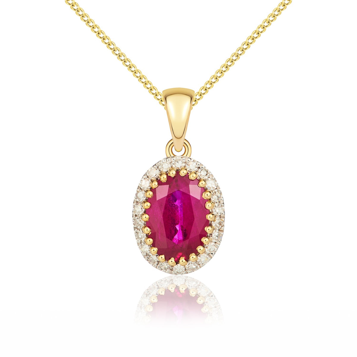 18ct Yellow Gold Oval Natural Ruby & Diamond Claw Set Cluster Pendant — 7x5mm