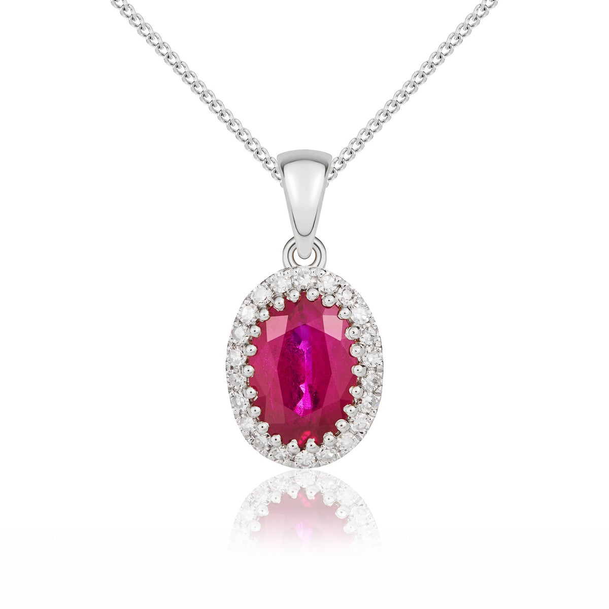 18ct White Gold Oval Natural Ruby & Diamond Claw Set Cluster Pendant — 7x5mm