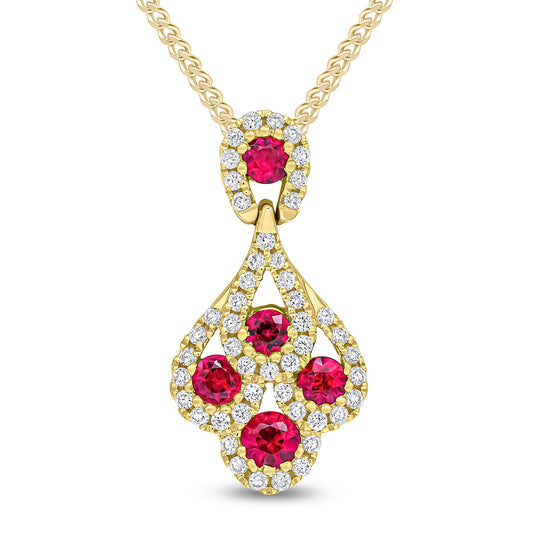 18ct Yellow Gold Round Natural Ruby and Diamond Peacock Pendant — 5x2.8mm