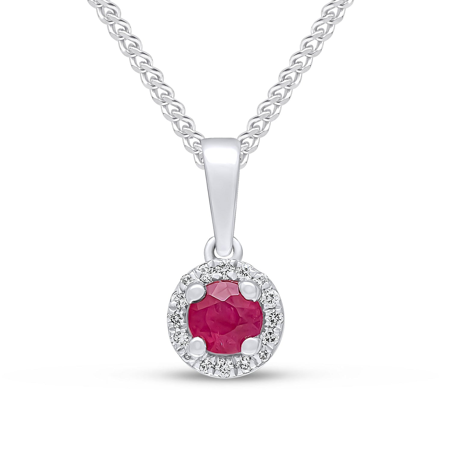 18ct White Gold Round Natural Ruby and Diamond Cluster Pendant — 4mm
