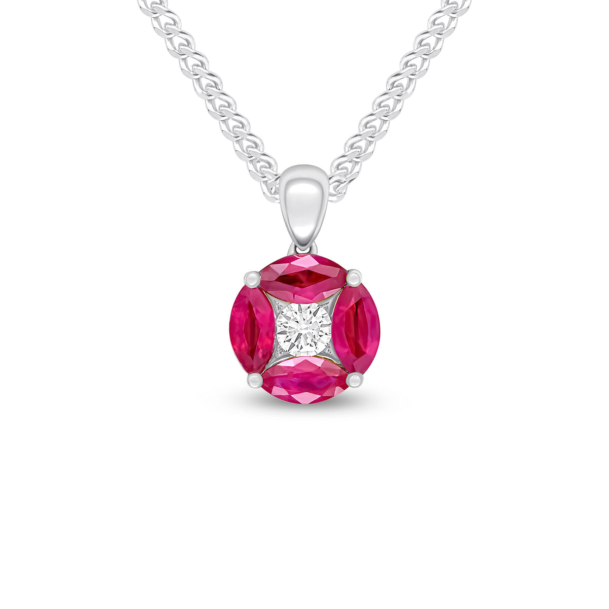 18ct White Gold Marquise Natural Ruby & Diamond Cluster Pendant — 9mm