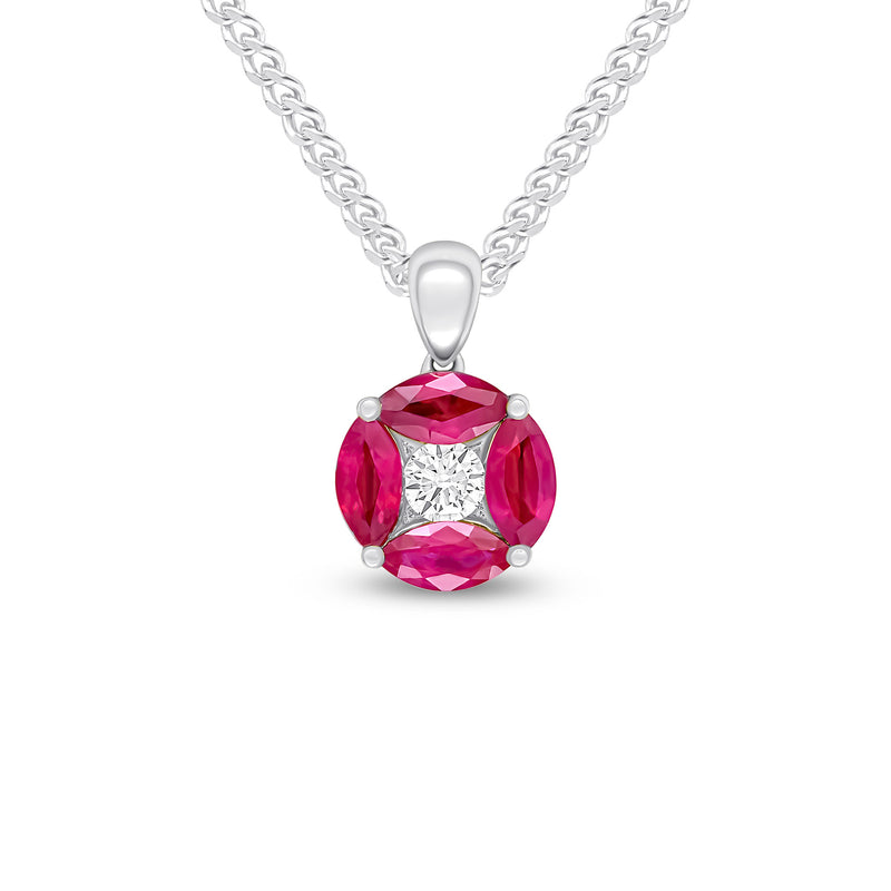 18ct White Gold Marquise Natural Ruby & Diamond Cluster Pendant — 9mm