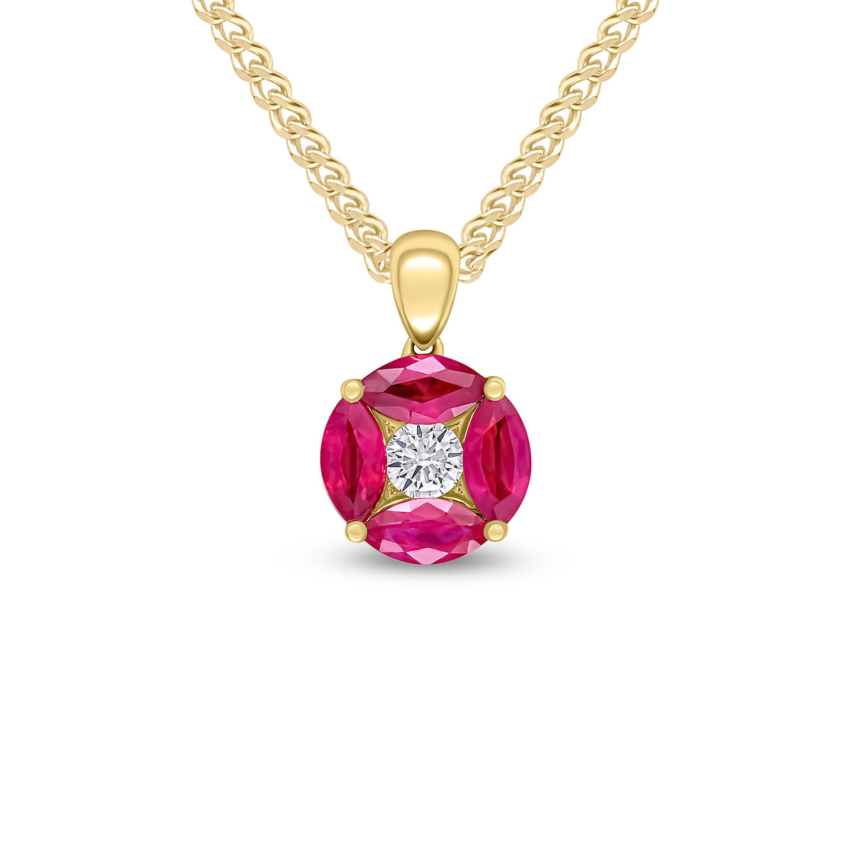 18ct Yellow Gold Marquise Natural Ruby & Diamond Cluster Pendant — 9mm