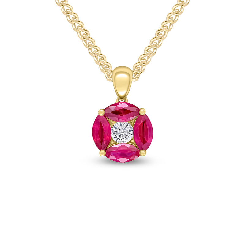 18ct Yellow Gold Marquise Natural Ruby & Diamond Cluster Pendant — 9mm