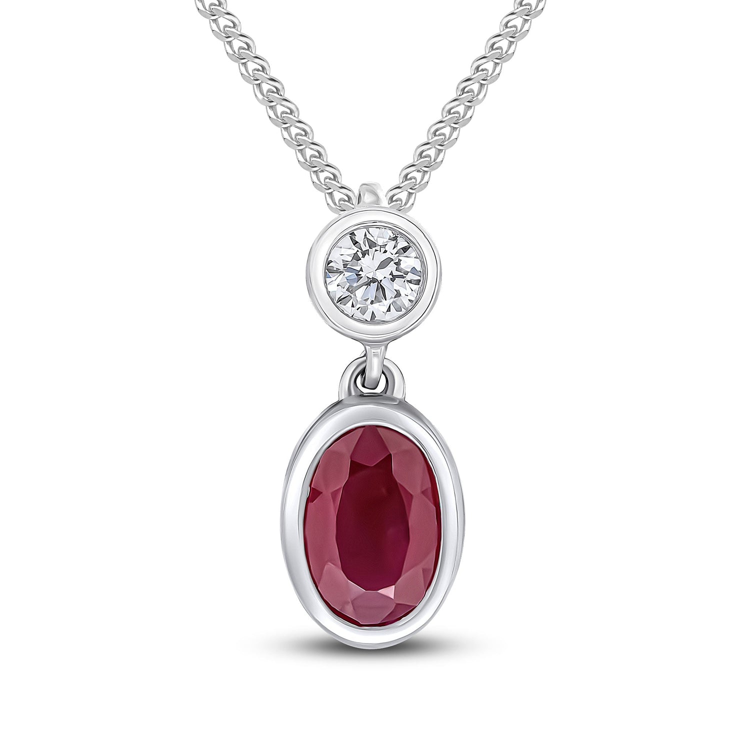 18ct White Gold Oval Natural Ruby and Diamond Two Stone Pendant