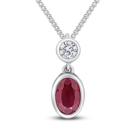 18ct White Gold Oval Natural Ruby and Diamond Two Stone Pendant
