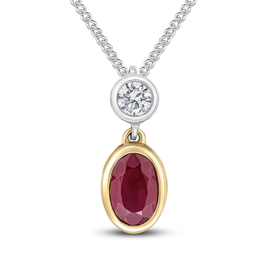 18ct Yellow and White Gold Oval Natural Ruby and Round Diamond Two Stone Pendant — 6x4mm
