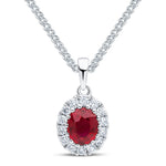18ct White Gold Oval Natural Ruby & Diamond Claw Cluster Pendant — 5x4mm