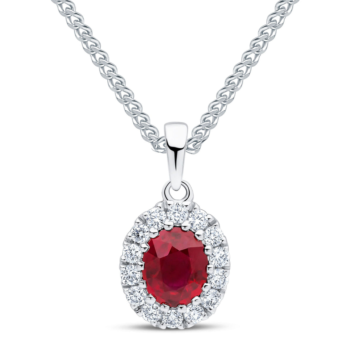 18ct White Gold Oval Natural Ruby & Diamond Claw Cluster Pendant — 5x4mm