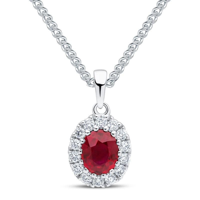 18ct White Gold Oval Natural Ruby & Diamond Claw Cluster Pendant — 5x4mm