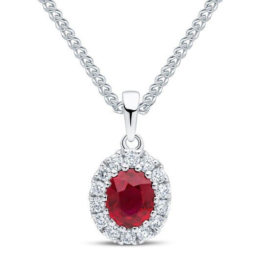 18ct White Gold Oval Natural Ruby and Diamond Cluster Pendant — 5x4mm