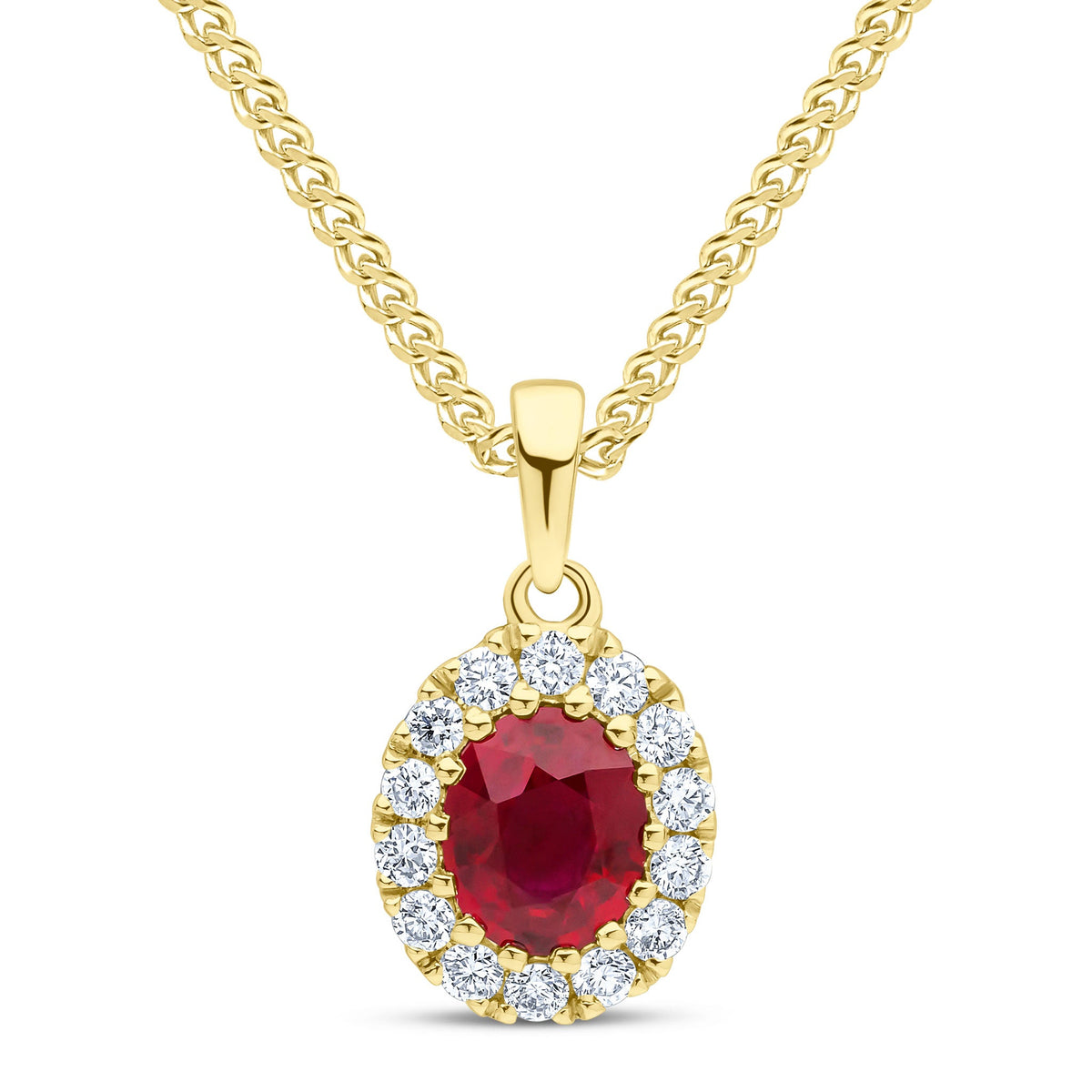 18ct Yellow Gold Oval Natural Ruby & Diamond Claw Cluster Pendant — 5x4mm