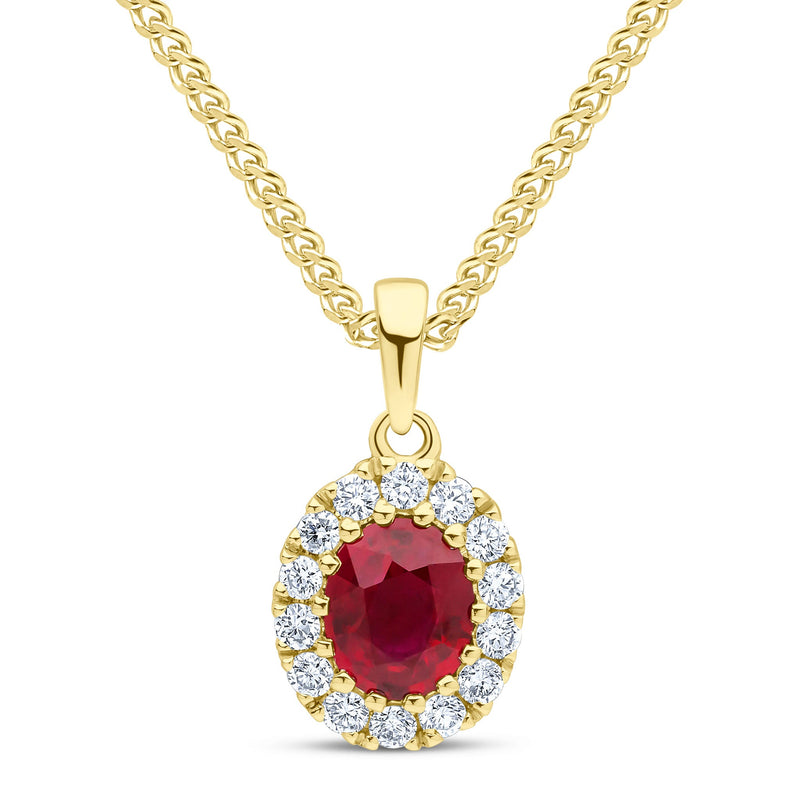 18ct Yellow Gold Oval Natural Ruby & Diamond Claw Cluster Pendant — 5x4mm