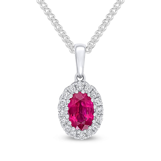 18ct White Gold Oval Natural Ruby and Diamond Cluster Pendant — 6x4mm