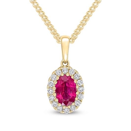 18ct Yellow Gold Oval Natural Ruby and Diamond Cluster Pendant — 6x4mm